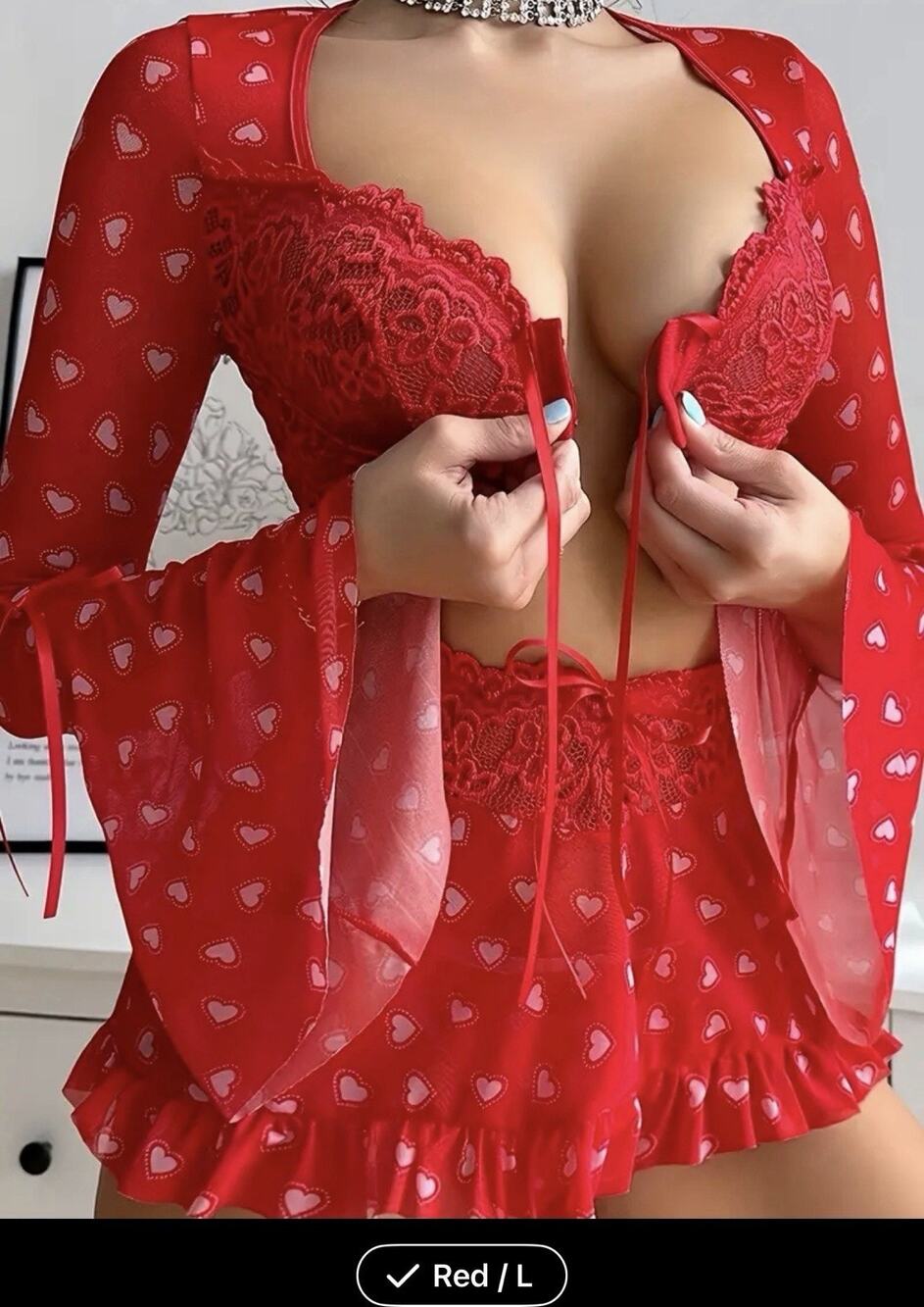 Large Red Lingerie Set With Hearts Three-Piece Bra, Thong, And Skirt Romantic